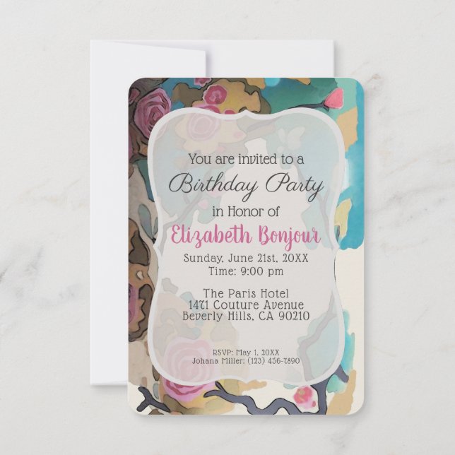 Invitación Flores en las opciones de PAPEL acuarela y TAMAÑO- (Reverso)