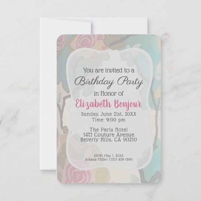 Invitación Flores en las opciones de PAPEL acuarela y TAMAÑO- (Reverso)