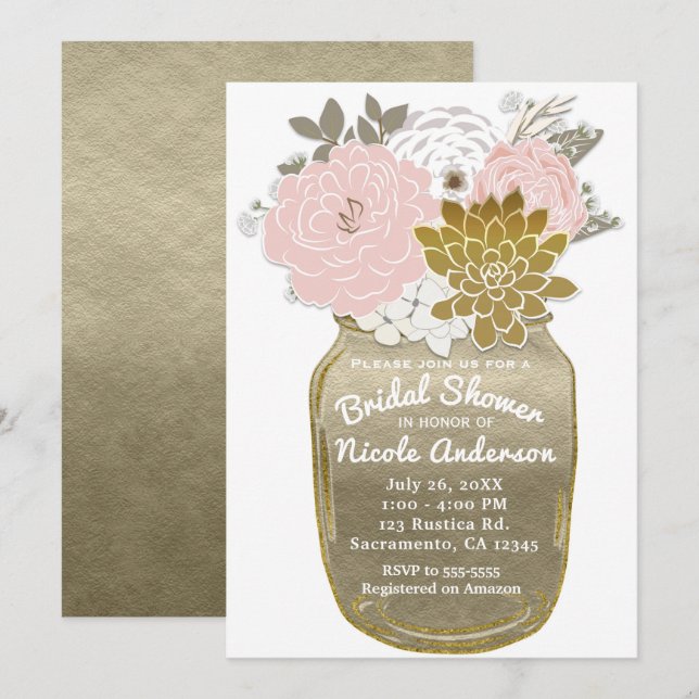 Invitación Flores en Tarro de Mason Floral Rústico Rosa y Dor (Anverso / Reverso)