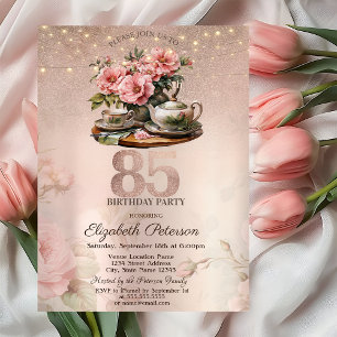 Invitación Flores en taza de té brillo rosa oro Cumpleaños 85
