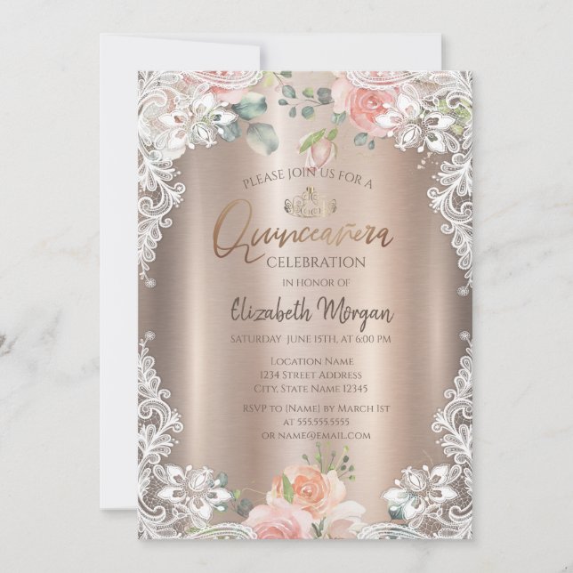 Invitación Flores, Encaje, Tiara Quinceañera (Anverso)