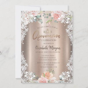 Invitación Flores, Encaje, Tiara Quinceañera