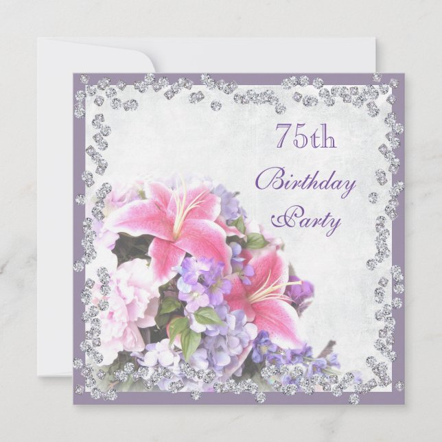 Invitación Flores enmarcadas de diamante 75 cumpleaños (Anverso)