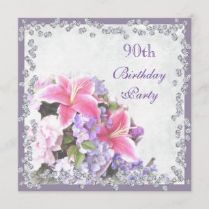 Invitación Flores enmarcadas de diamante 90 cumpleaños
