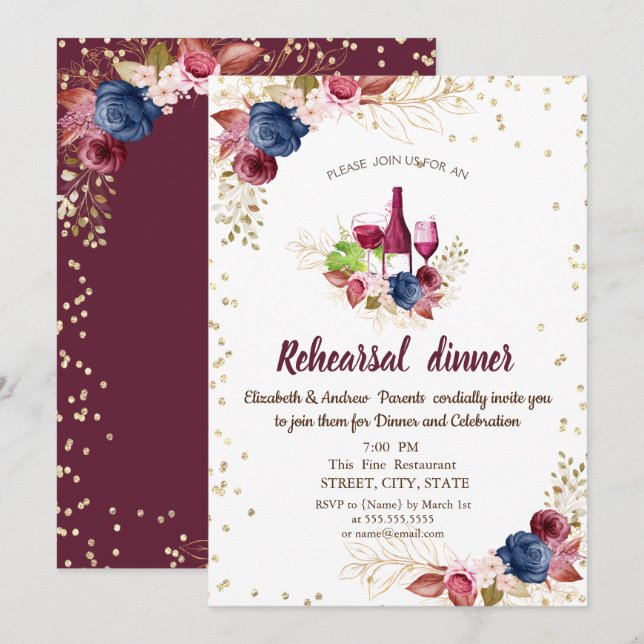 Invitación Flores Ensayo de Borgoña Cena (Anverso / Reverso)