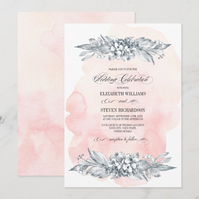 Invitación Flores esbozadas acuarela Boda rosa Rubor (Anverso / Reverso)