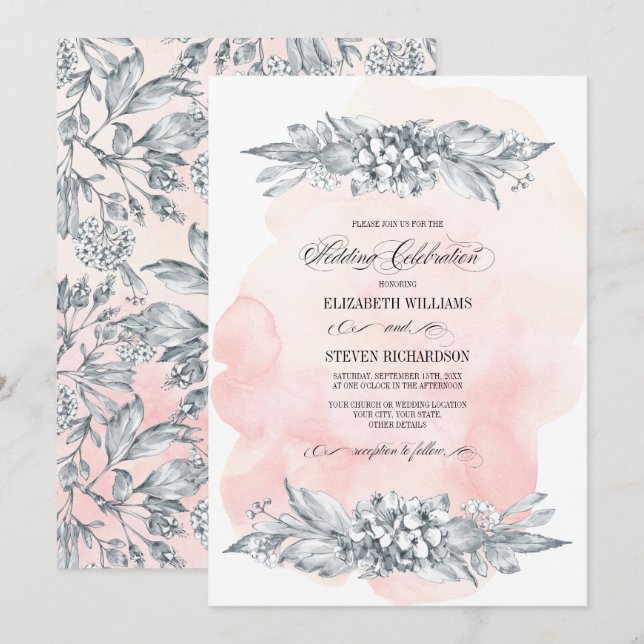 Invitación Flores esbozadas acuarela Boda rosa Rubor (Anverso / Reverso)