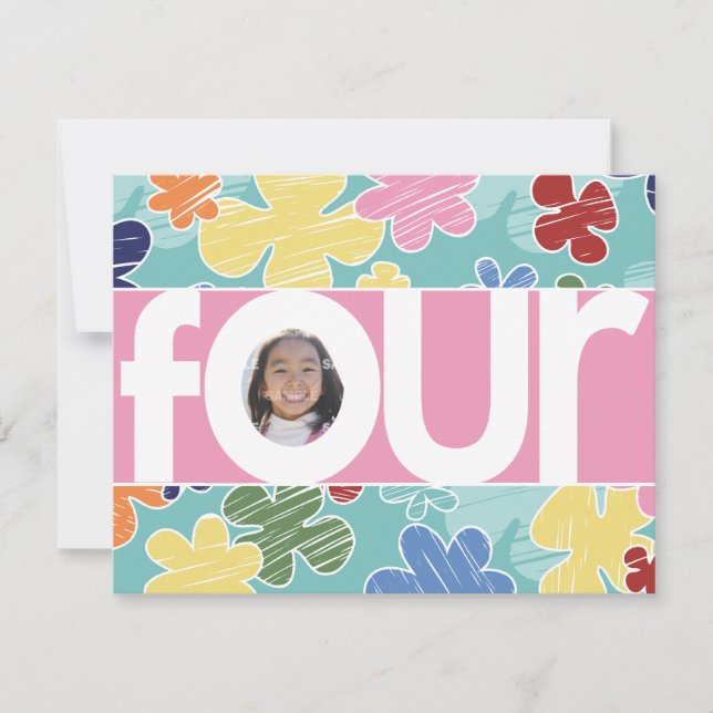 Invitación Flores esquemáticas Fiesta de cuarto cumpleaños Ro (Anverso)