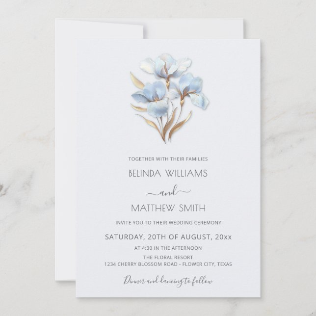 Invitación Flores Estilizadas Minimalistas Azul Oro (Anverso)