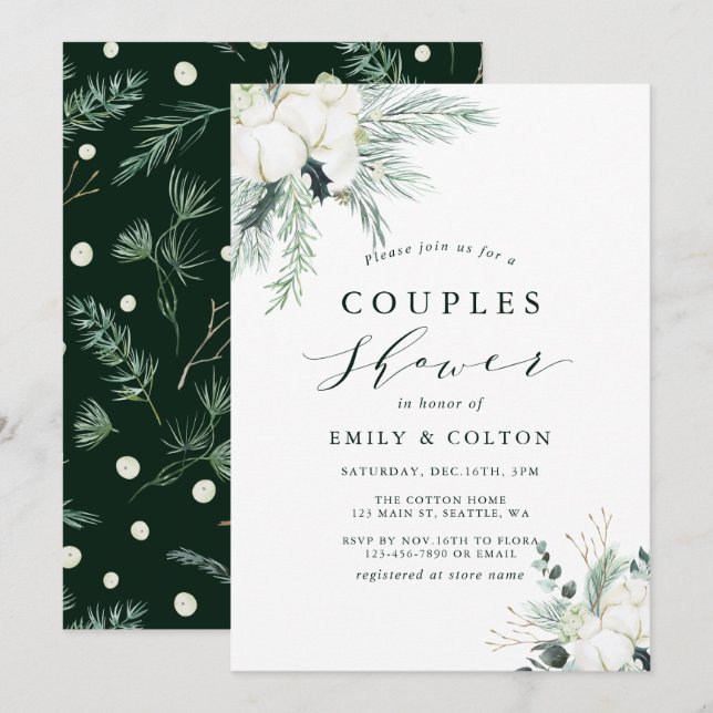 Invitación Flores Evergreen & Cotton Bouquet Parejas Ducha I (Anverso / Reverso)