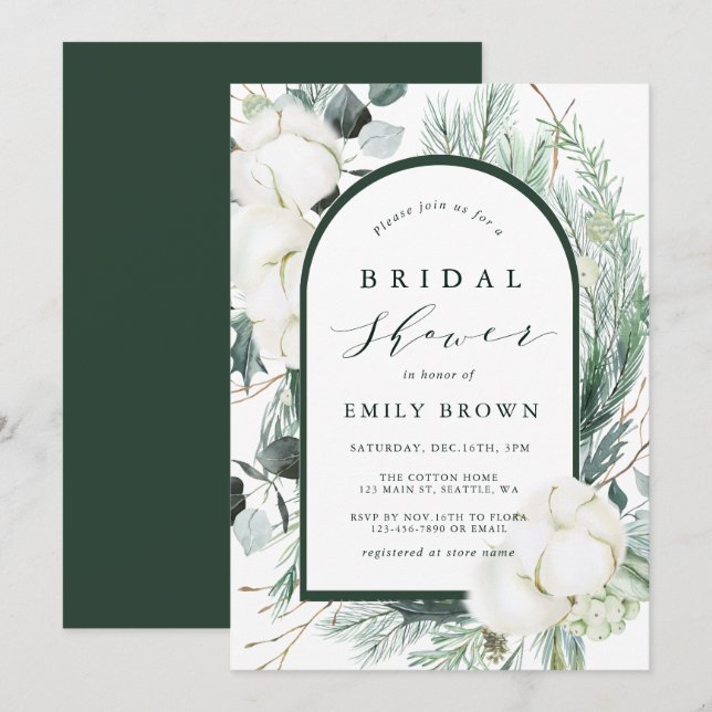 Invitación Flores Evergreen y Cotton Arch Bridal Shower (Anverso / Reverso)