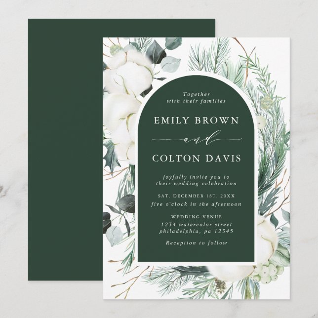 Invitación Flores Evergreen y Cotton Elegante Boda Verde (Anverso / Reverso)