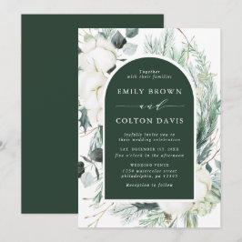 Invitación Flores Evergreen y Cotton Elegante Boda Verde