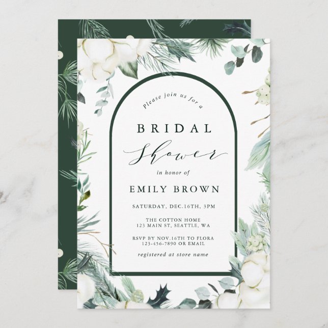 Invitación Flores Evergreen y Cotton Elegante Ducha Bridal (Anverso / Reverso)