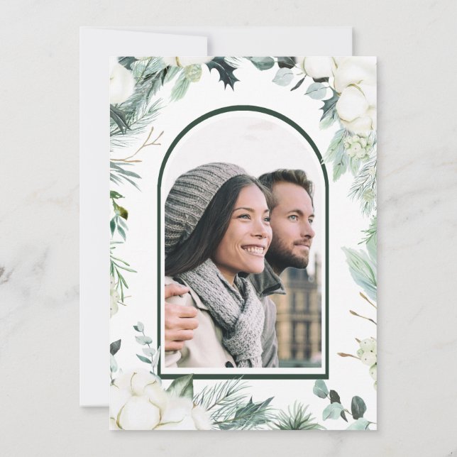 Invitación Flores Evergreen y Cotton Elegante Foto De Boda (Reverso)