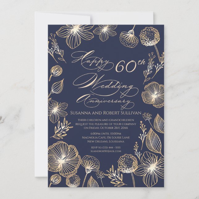 Invitación Flores exóticas doradas 60º Aniversario de Boda (Anverso)