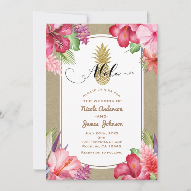 Invitación Flores exóticas tropicales Piña de oro luau Aloha (Anverso)