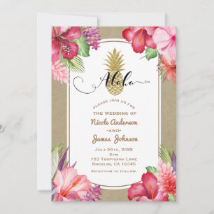 Invitación Flores exóticas tropicales Piña dorada luau Aloha
