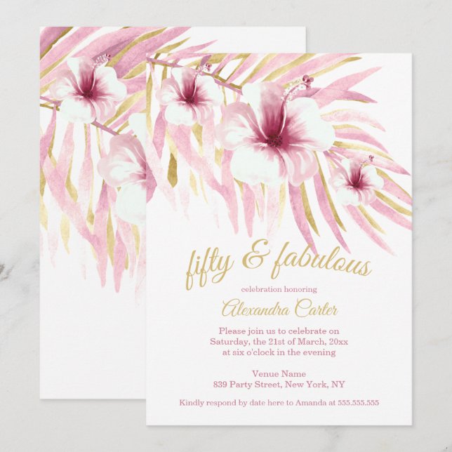 Invitación Flores Fabulosas 50 Rosa Oro blanco Acuarela (Anverso / Reverso)