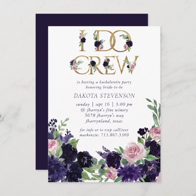 Invitación Flores | Floral púrpura y rosa I Do Crew (Anverso / Reverso)