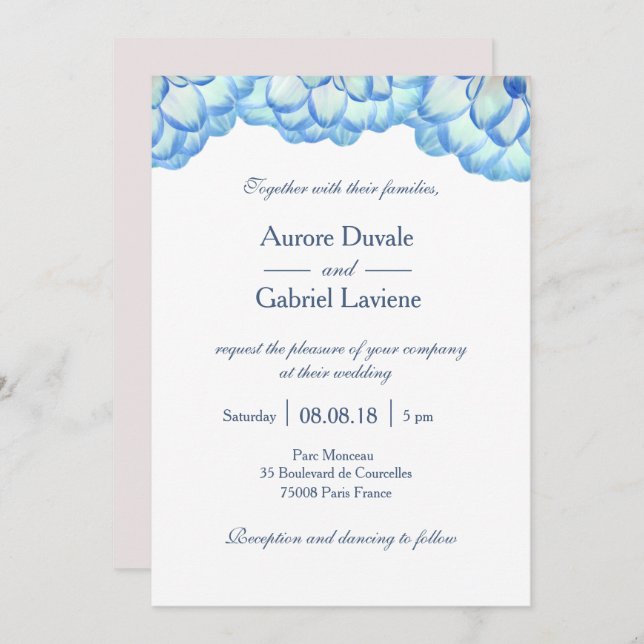 Invitación Flores florales azules blancas rubor pétalos boda (Anverso / Reverso)