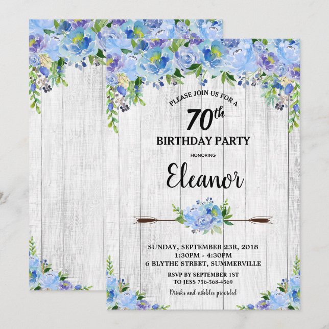 Invitación Flores florales azules de Bonito rústica 70 cumple (Anverso / Reverso)