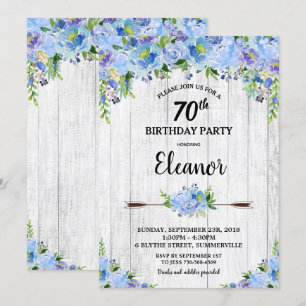Invitación Flores florales azules de Bonito rústica 70 cumple