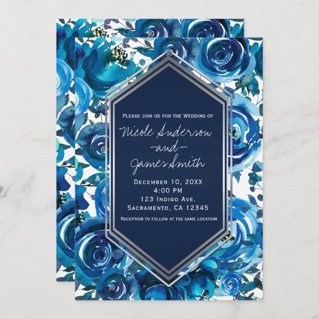 Invitación Flores florales azules índigo Boda elegante de Mod (Anverso / Reverso)