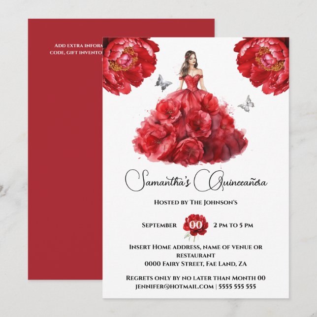 Invitación Flores florales de beisbol rojo Quinceañera (Anverso / Reverso)