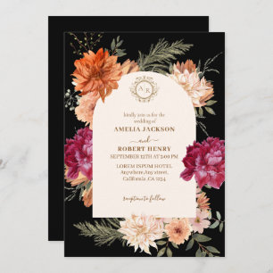 Invitación Flores florales de color de agua negro boda