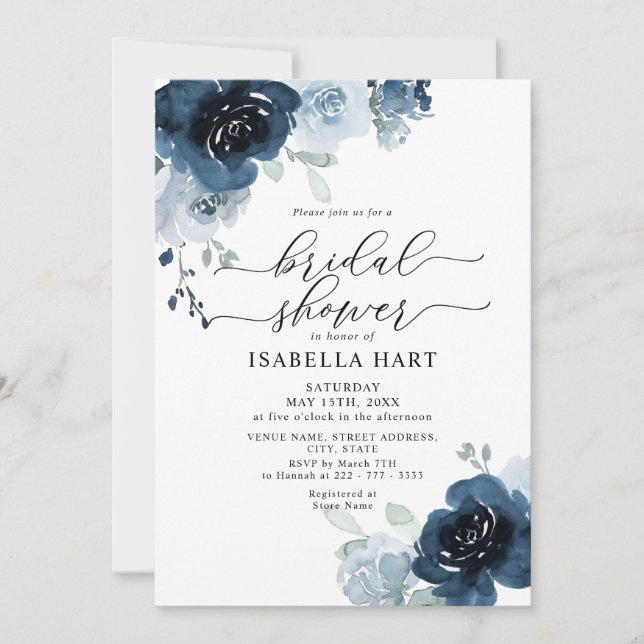 Invitación Flores florales de la marina azul turbia ducha de  (Anverso)