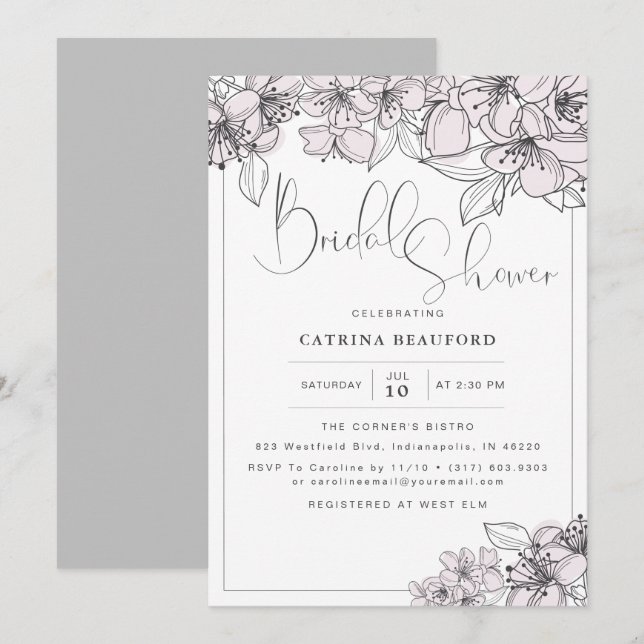 Invitación Flores florales de mano dibujadas por Rubor Ducha  (Anverso / Reverso)