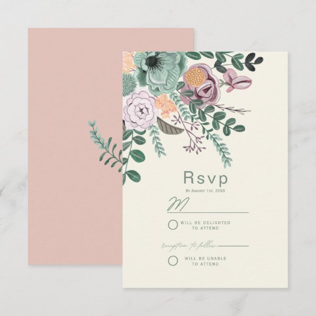 Invitación Flores florales de Moda bohemia de salvia verde y  (Anverso / Reverso)