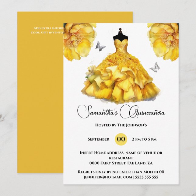 Invitación Flores florales de piel de beisbol amarillo Quince (Anverso / Reverso)