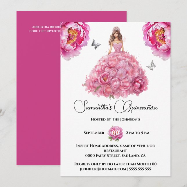 Invitación Flores florales de piel de beisbol rosa de Quincea (Anverso / Reverso)