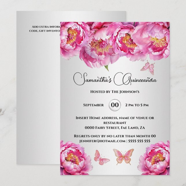 Invitación Flores florales de piel de mariposa rosa de Quince (Anverso / Reverso)