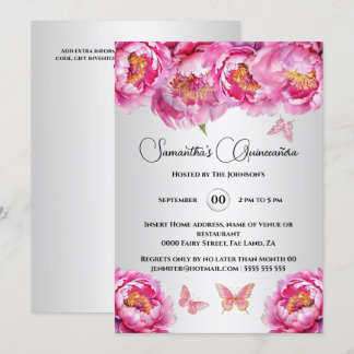 Invitación Flores florales de piel de mariposa rosa de Quince