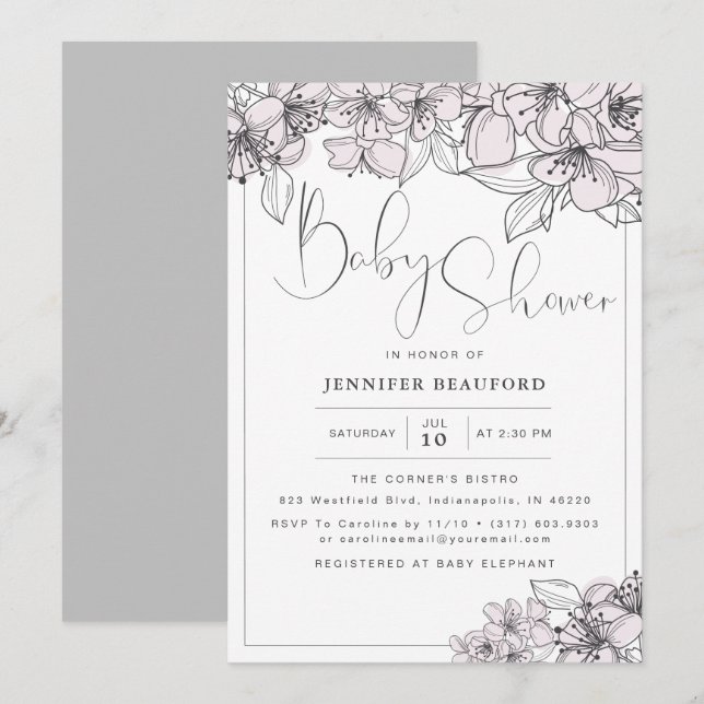 Invitación Flores florales dibujadas por Rubor Niña Ducha (Anverso / Reverso)
