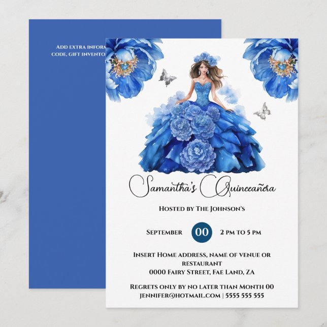 Invitación Flores florales en el beisbol azul Quinceañera (Anverso / Reverso)