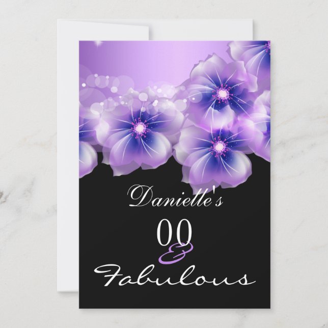 Invitación Flores Florales Fabulosas Fiesta Morada Negra (Anverso)