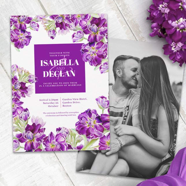 Invitación Flores florales moradas boda acuarela (Subido por el creador)