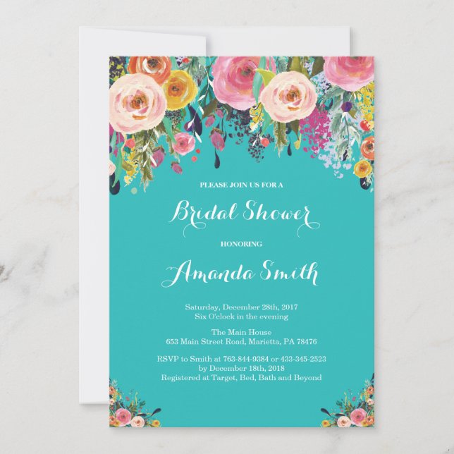 Invitación Flores florales nupales Verde azuladas turquesa (Anverso)