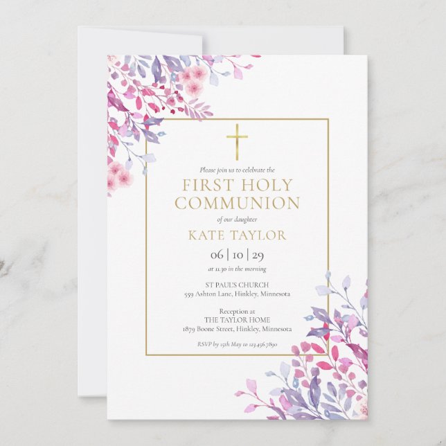 Invitación Flores Florales Primera Comunión Santa (Anverso)