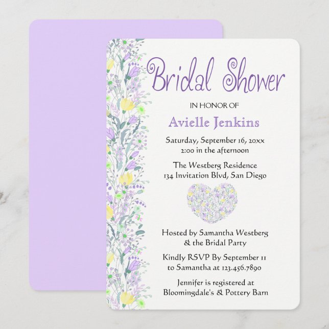 Invitación Flores Florales Purple Bridal Shower Lavender Flow (Anverso / Reverso)