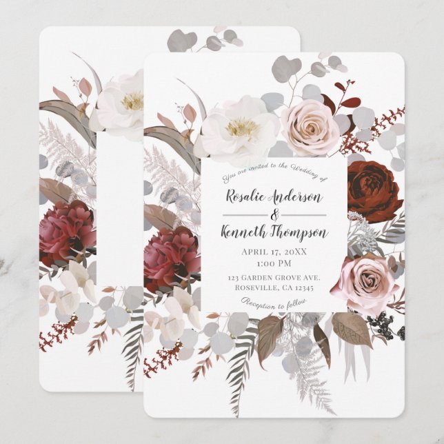 Invitación Flores Florales Rústicas Rosa Gris Rojo Hojas Boda (Anverso / Reverso)