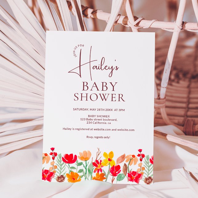 Invitación Flores florales salvajes acuarela Ducha bebé (Fall floral wild flowers watercolor Baby shower Invitation)