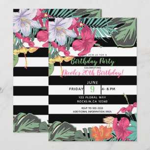 Invitación Flores Florales Tropicales Hojas Rayas Blancas Neg