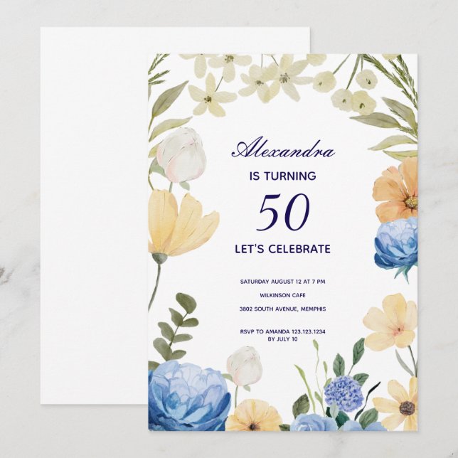 Invitación Flores florecen hidrangea coloridas 50 años (Anverso / Reverso)