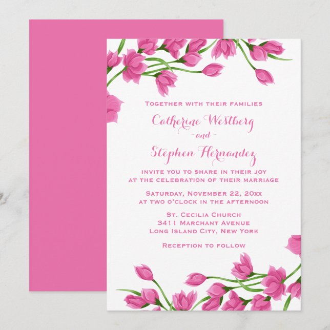 Invitación Flores Flores Florales Blancas Y Rosa Fuchsia Boda (Anverso / Reverso)