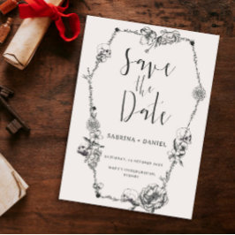 Invitación Flores floridas de mano gótica Skull Salven la fec